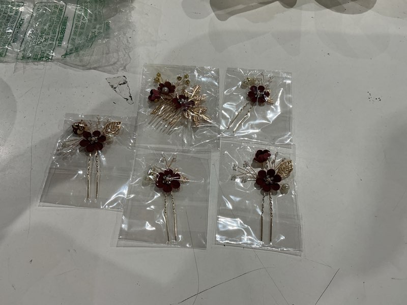 Condition photo showing Good Condition for 5 pcs bridal flower wedding hair pins crystal pearl headpiece gold wedding hair accessories jewelry rhinestone for brides bridesmaids women girls updo, exquisite flower leaves&elegant burgundy