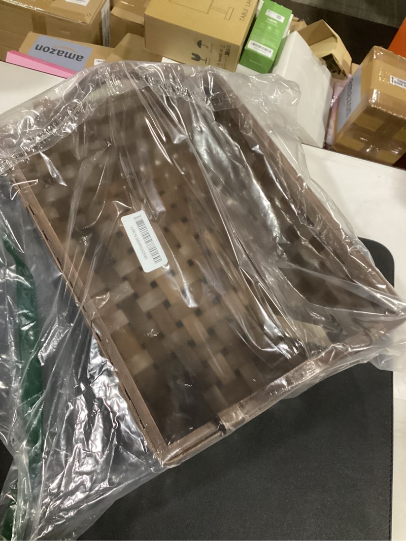 Condition photo showing New/Like New for Rectangular Wicker Basket, Woven Wooden Storage Tray with Handles for Gift Bread (Dark Brown) 15.35"Lx11.42"Wx4.72"H Dark Brown
