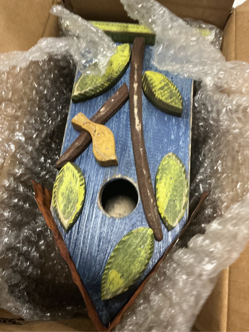 Condition photo showing Good Condition for glitzhome bird houses for outside, 9.7" h hanging bird house for outdoor, patio garden decorative pet cottage distressed wooden birdhouse for bluebird hummingbird wren finch cardinals, blue leaves leaves rustic blue