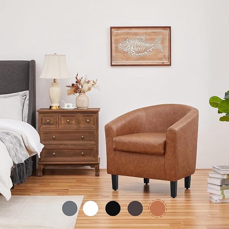 yaheetech leather accent chair, faux leather armchair, modern barrel club chair with soft seat for living room bedroom reading waiting room, brown(iusses)