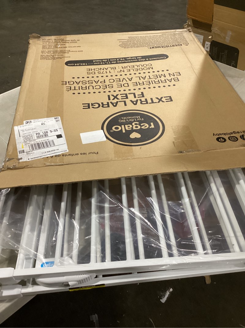Condition photo showing As Is for regalo 76 inch super wide configurable baby gate, includes 4 pack of wall mounts and hardware 28-76"w x 30"h white
