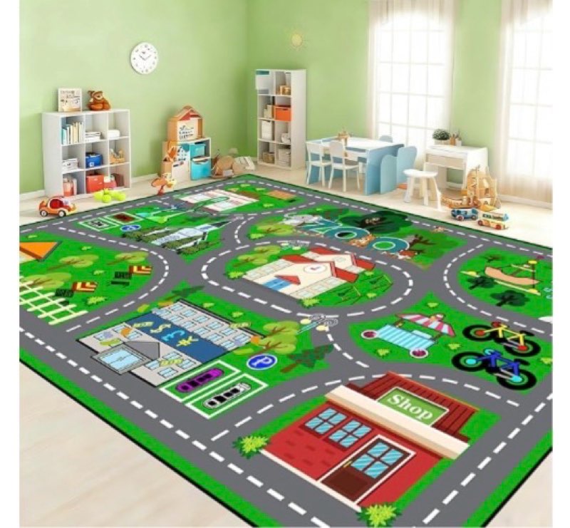 Car Rug Play Mat 6x9 Feet - Green Road Rug for Kids Boys Room, Fun Race Track Traffic Road Carpet fo