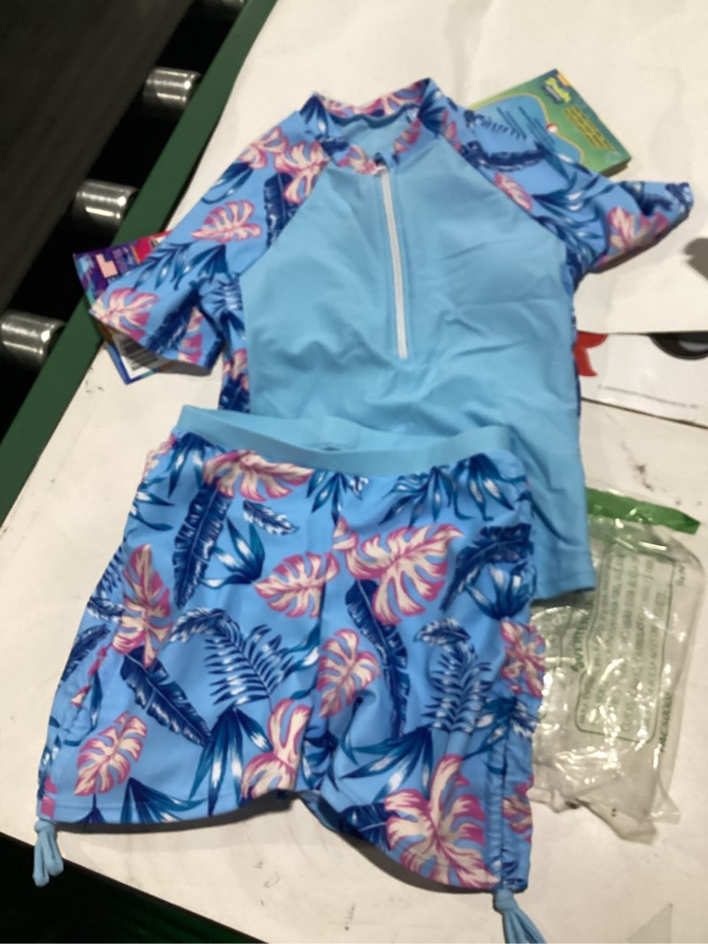 Condition photo showing Good Condition for girls 2 piece rash guard swimsuit short sleeve padded zipper shirt with ruched drawstring shorts 7-16y blue1 7-8 years