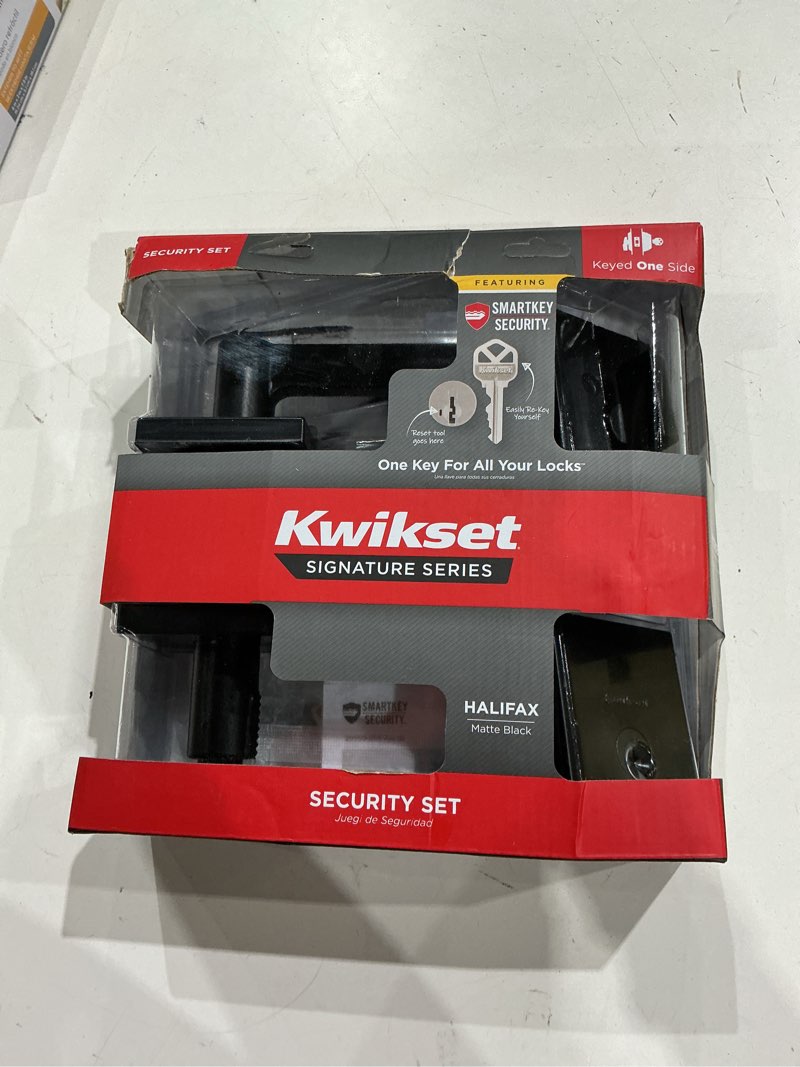 Condition photo showing Good Condition for kwikset halifax matte black interior or exterior double-cylinder deadbolt and keyed entry door
