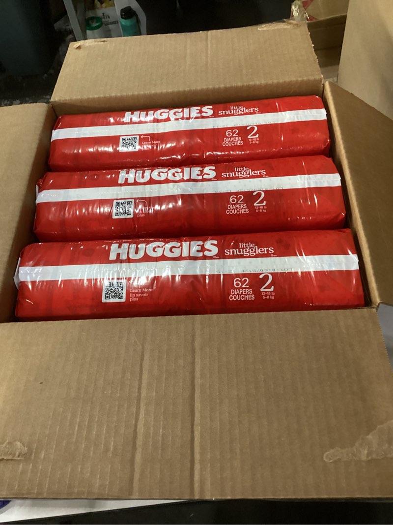 Condition photo showing New/Like New for huggies size 2 diapers, little snugglers baby diapers, size 2 (12-18 lbs), 186 count (3 packs of 62), packaging may vary