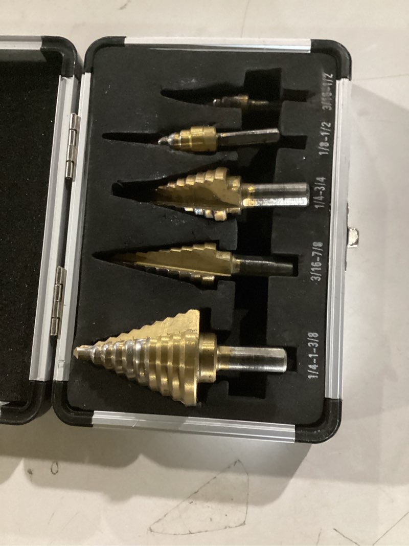 Condition photo showing New/Like New for Step Drill Bits, 5PCS HSS Titanium Step Drill Bit Set, 50 Sizes High Speed Steel Step Bits for Metal with Aluminum Case 5 PC Set