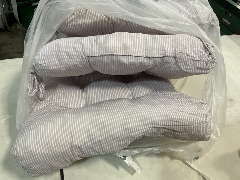 Condition photo showing Good Condition for geetery gray and white 4 pack ticking stripe chair cushions with ties, 16"x15" reversible indoor chair pads for dining chairs, soft kitchen seat cushions for home office living room