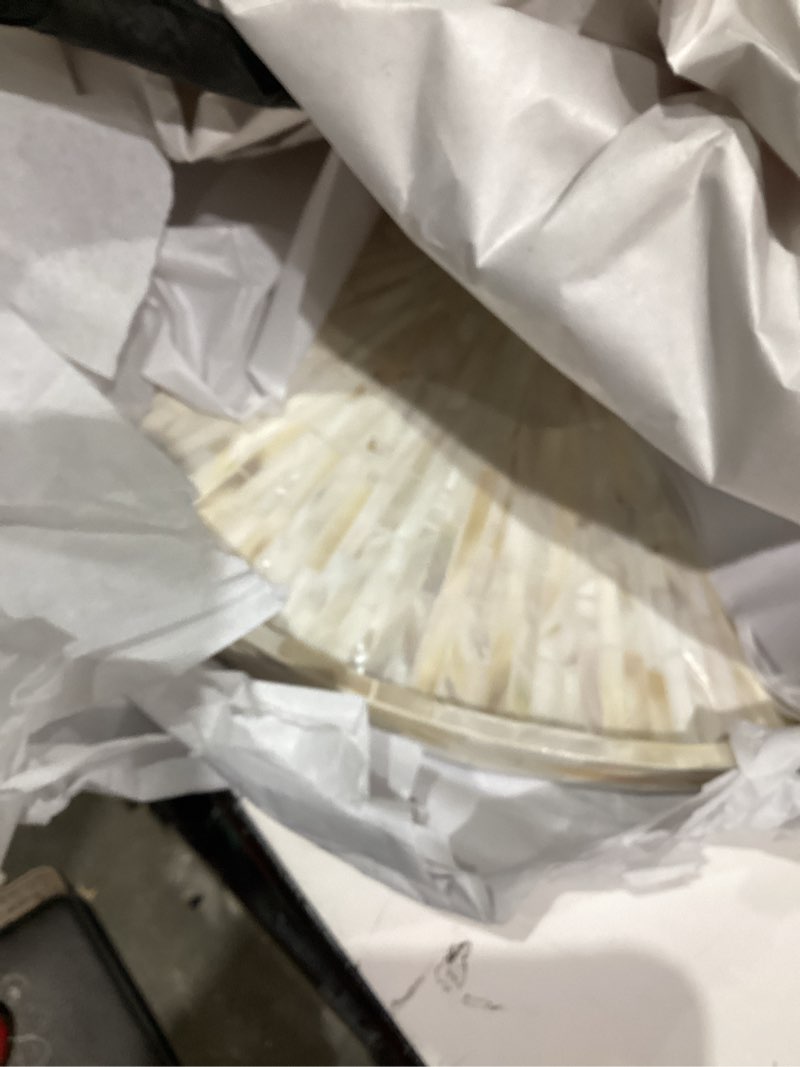 Condition photo showing Good Condition for PEMAR 22" Round Mother of Pearl Extra Large Ottoman Tray with Raised Edge, Oversized Decorative Luxury Wooden Serving Tray for Food, Coffee Table, Breakfast in Bed (White Cream Sunlight) White Cream Starburst Sunlight