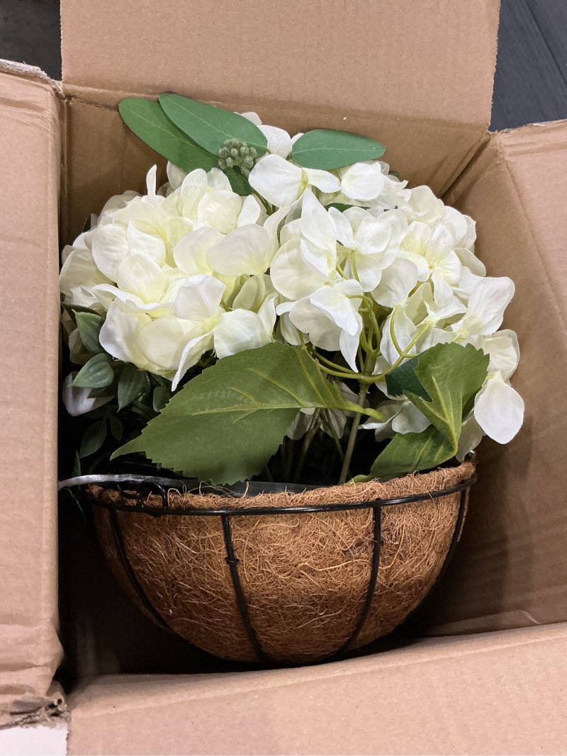Condition photo showing Good Condition for hollyone 13" fake hanging plants flowers white hydrangea artificial flowers arrangements large in hanging basket uv resistant silk flower plant faux hydrangea flower with pot outdoor indoor decor