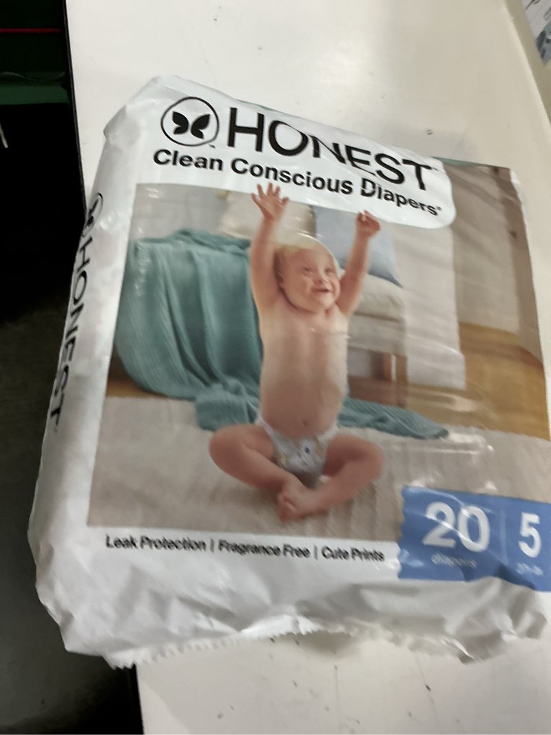 Condition photo showing New/Like New for the honest company clean conscious diapers for delicate skin | up to 100% leakproof | hypoallergenic, fragrance free | it's a pawty | polybag, size 5 (27+ lbs), 20 count