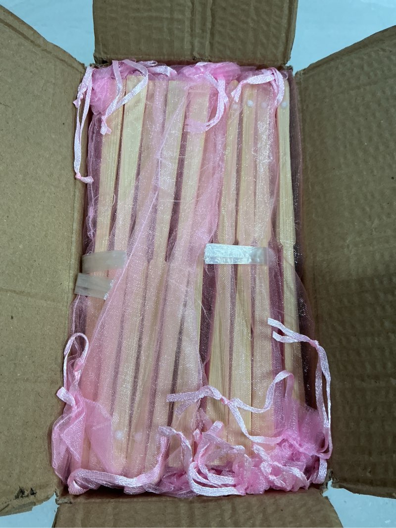 Condition photo showing Good Condition for 50pcs pink imitated silk fabric bamboo folded hand fan bridal dancing props church wedding party favors with organza bags
