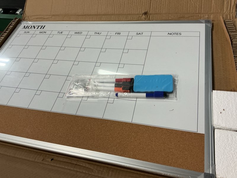 Condition photo showing Good Condition for monthly calendar whiteboard dry erase cork board combo for wall, 30" x 20" magnetic double-sided calendar white board and bulletin board, portable board for office, kitchen, school, home, dorm white calendar 30"w x 20"h