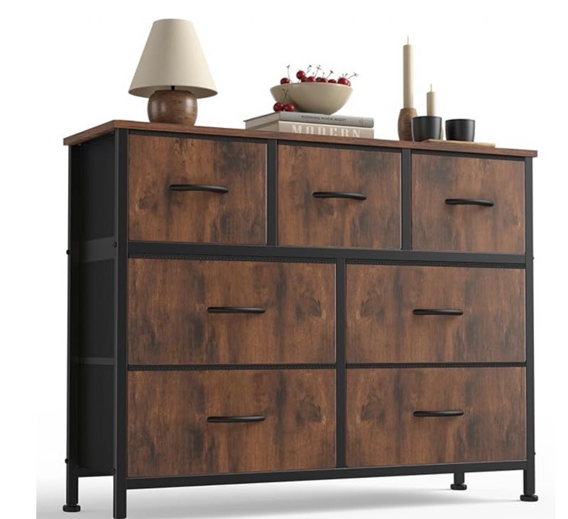 sweetcrispy 7 drawer dresser with fabric bins fabric storage tower organizer for bedroom closet hallway entryway tall chest of drawers with steel frame wood top easy pull handles,rustic brown