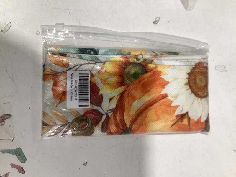 Condition photo showing Good Condition for Thanksgiving Pumpkin Table Runner 48 Inches Long Fall Autumn Leaves Coffee Table Runner Rustic Sunflowers Kitchen Dining Table Decoration for Home Party Holiday 13 x 48 Inch 13 x 48 inches Orange Sage Green Beige