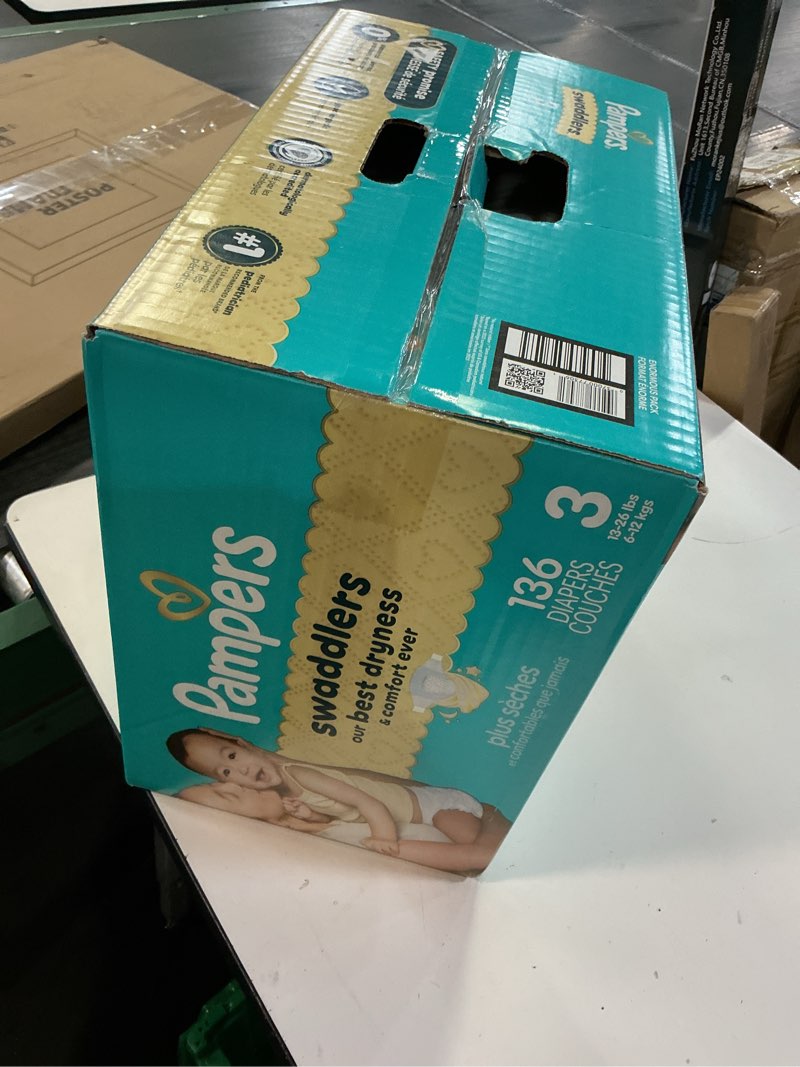 Condition photo showing New/Like New for pampers swaddlers diapers, size 3 (13-26 lbs), 136 count, absorbent, keeps baby dry and comfortable, skin safe disposable baby diaper (packaging may vary) size 3 136