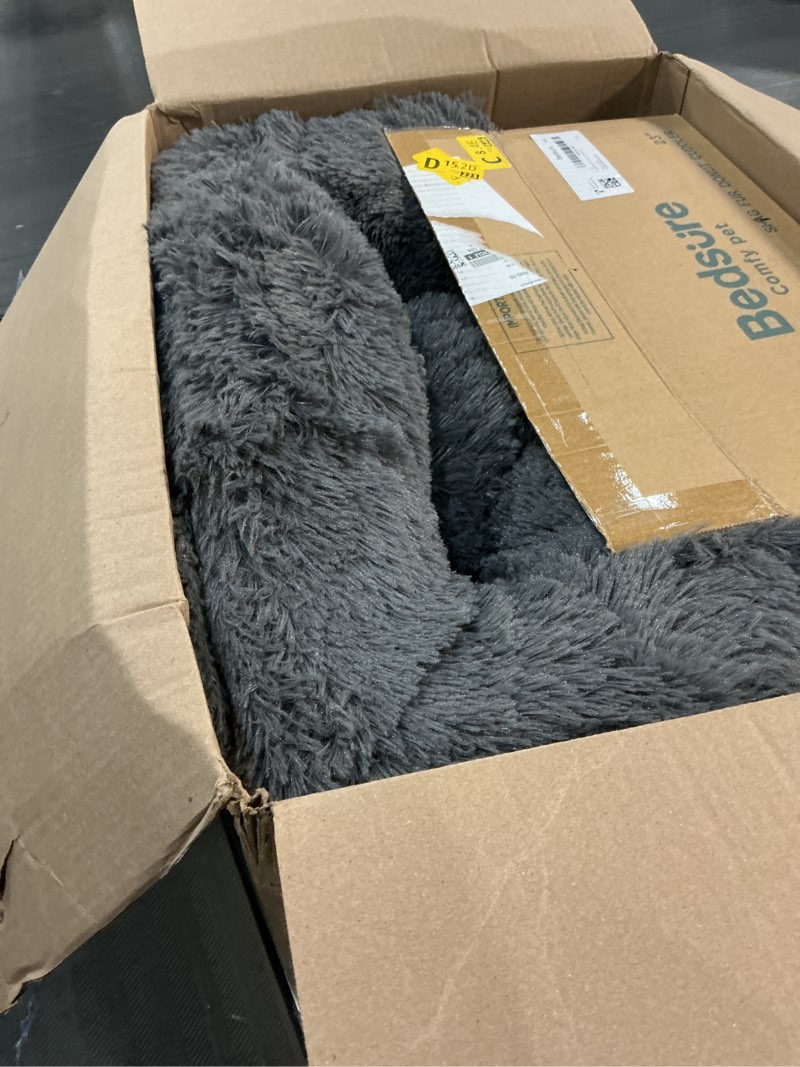 Condition photo showing Good Condition for bedsure calming dog bed for small dogs - donut washable small pet bed, 23 inches anti-slip round fluffy plush faux fur large cat bed, fits up to 25 lbs pets, dark grey 23"l x 23"w x 8"th dark grey