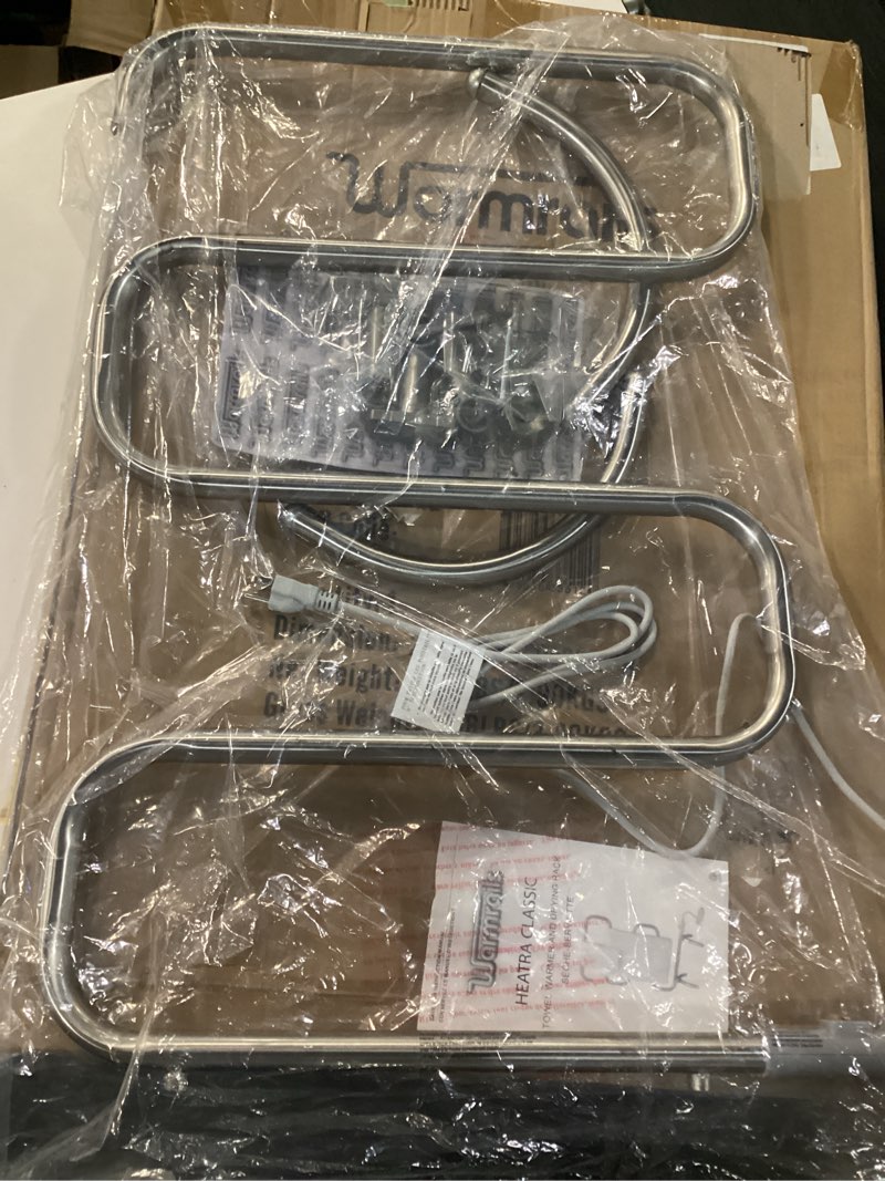 Condition photo showing Good Condition for classic towel warmer - free-standing or wall mounted towel warmer rack for drying towels and garments - 37.5-inch nickel finish frame with 4 bars - model hcs