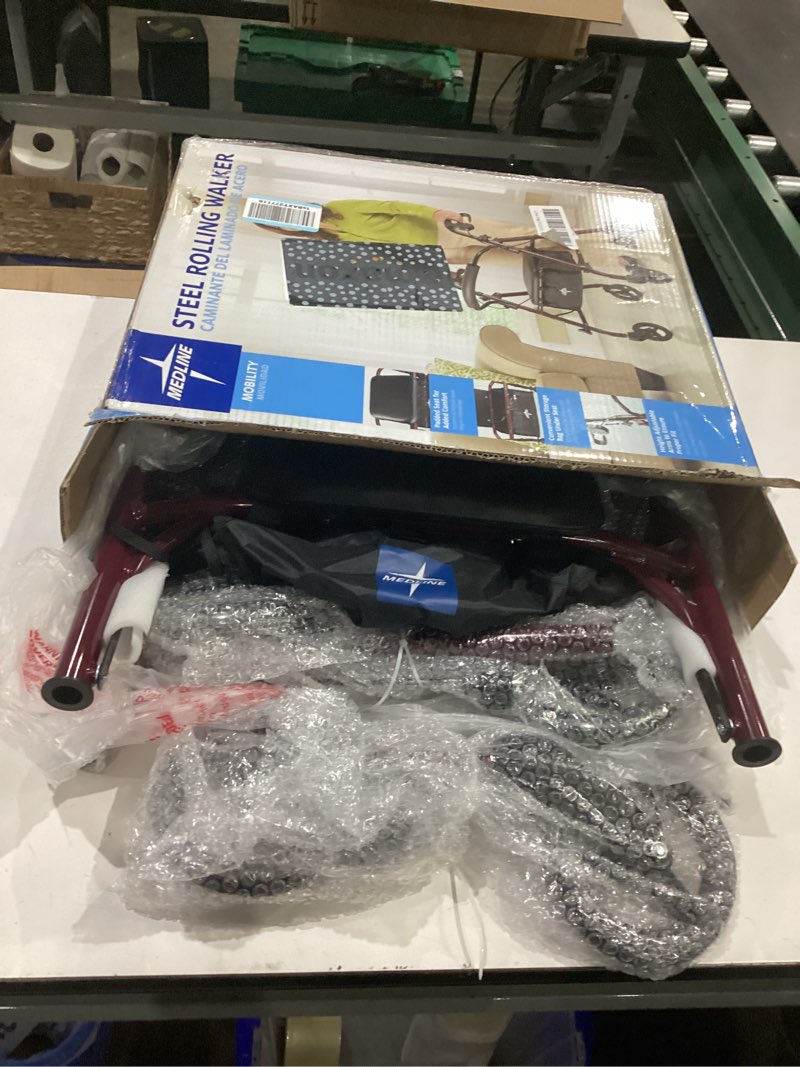 Condition photo showing Good Condition for medline steel rollator walker with seat, burgundy, 350 lb. weight capacity, 6” wheels, foldable, adjustable handles, rolling walker for seniors, walker for mobility impaired