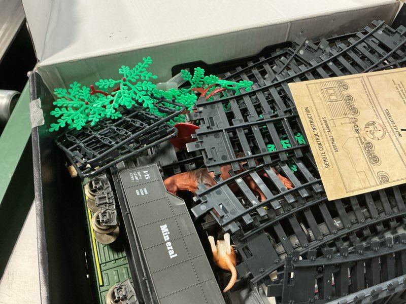 Condition photo showing As Is for pupu pig model train set, remote control train toys with 3way smoke locomotive, 5 train cars, luxury track kit, authentic train sounds, lights & smoke, top present for train lovers, kids 3+ black large train set - rc train