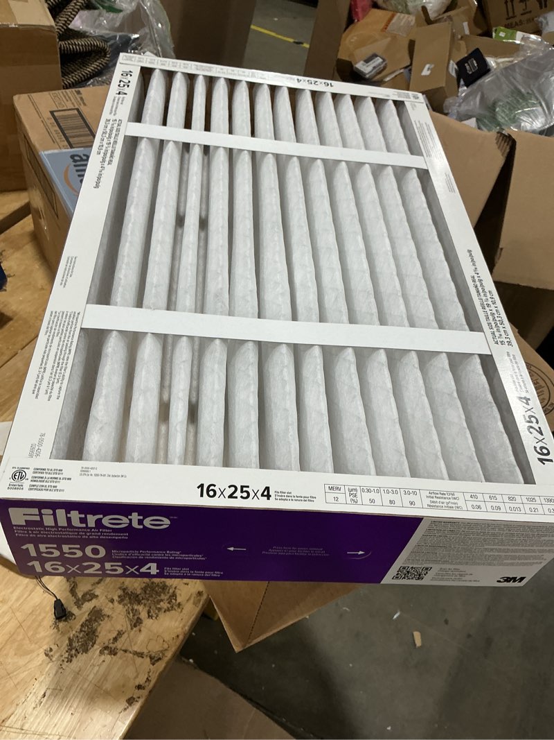 Condition photo showing New/Like New for filtrete 16x25x4 air filter merv 12, mpr 1550 certified asthma & allergy friendly 2-pack, fits lennox & honeywell, ac furnace hvac filters, pleated electrostatic (actual size 15.88x24.56x4.31 in)