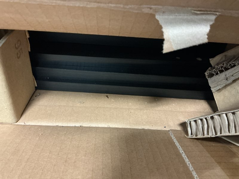 Condition photo showing As Is for mainstays adjustable side by side or stacking tv stand for tvs up to 70 inches, black oak