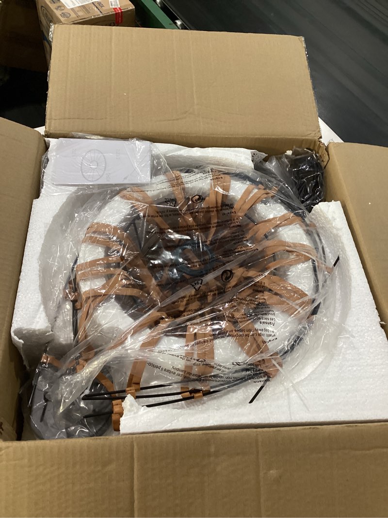 Condition photo showing Good Condition for brown woven chandelier, d39" creative straw hat shape pendant light fixtures, stretch fabric+fiberglass material, modern boho chandeliers, suitable for living room, bedroom, dining room, office