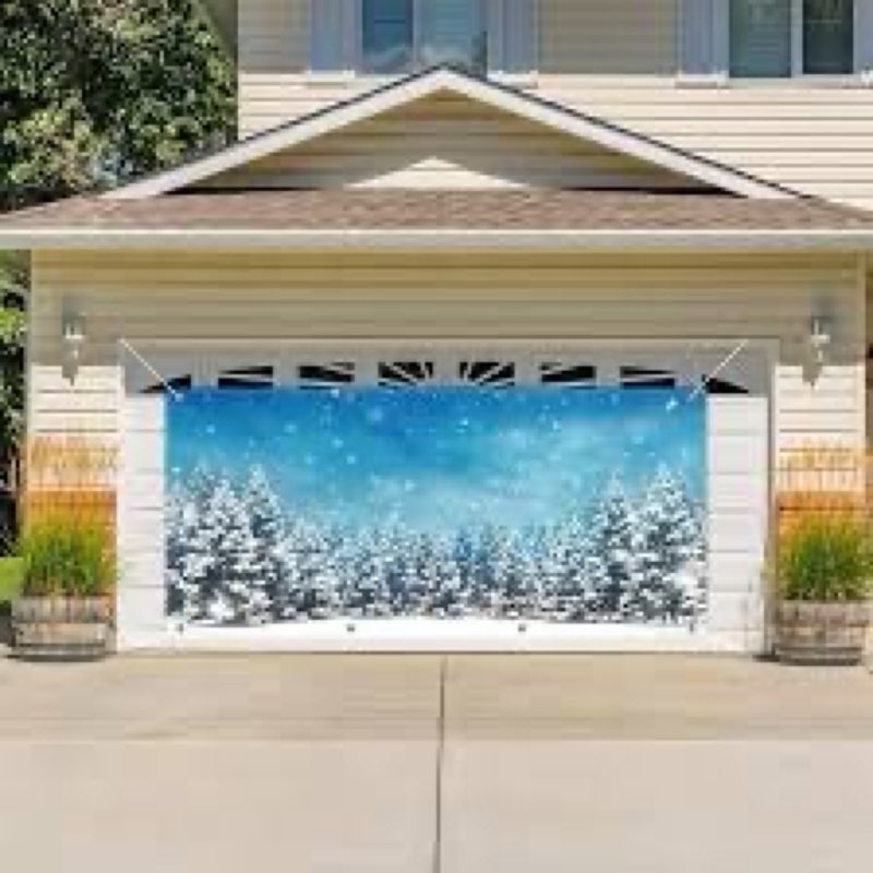 Winter Garage Door Cover, Snowy Forest Landscape Garage Door Decorations for Family Christmas Themed