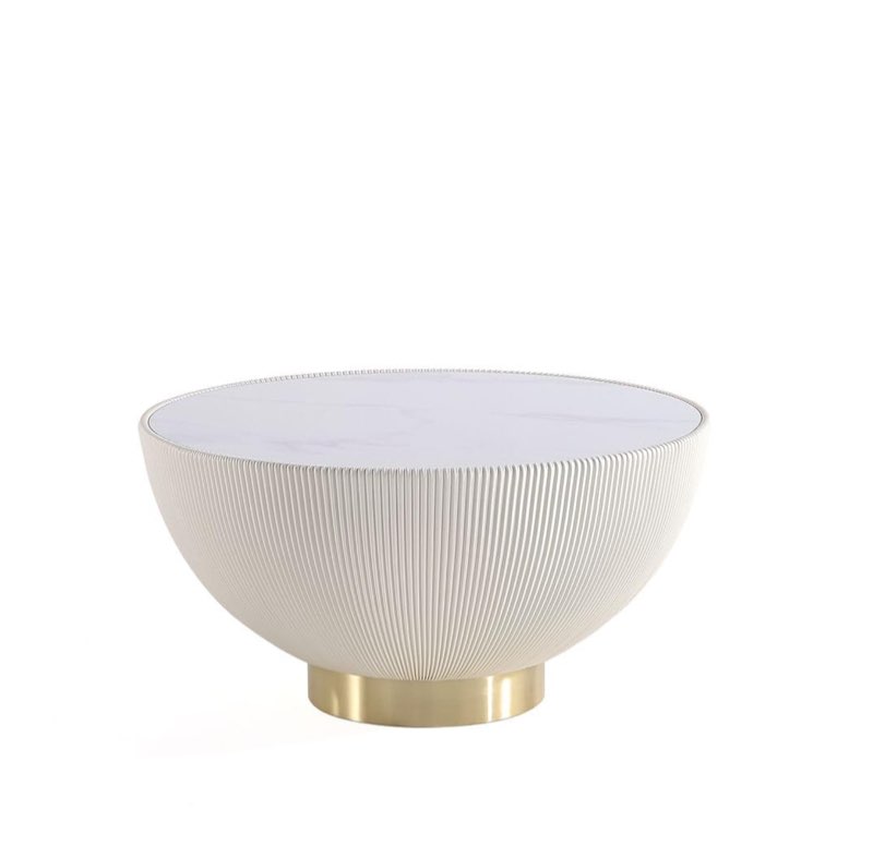 Manhattan Comfort Anderson Round End Table 1.0: Pleated Details Leatherette Upholstery, Gold Tabletop and Base-Stylish Living Room Furniture, Fully Assembled-15.75" x 21.61", Cream