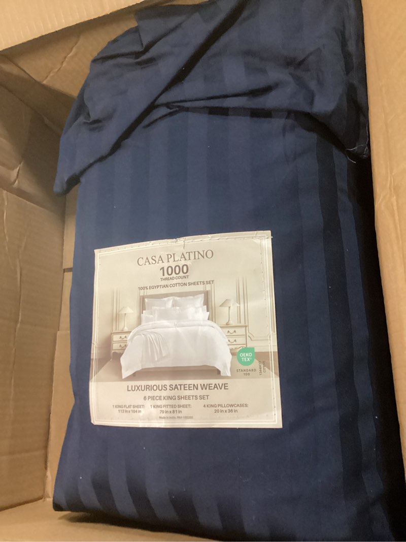 Condition photo showing As Is for chezmoi collection loft 8-piece luxury striped comforter set (king, navy/gray/blue) king navy/gray/blue