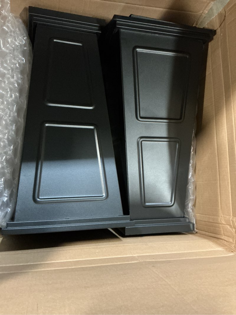 Condition photo showing Good Condition for 26" tall metallic planter set of 2, black taper planters with removable partition drainage holes, large outdoor planter for front porch, garden, patio, balcony, classic estate design, all-weather use
