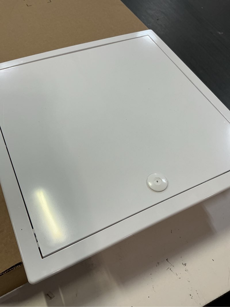 Condition photo showing Good Condition for 17.5" x 17.5" white plastic access panel. service shaft door panel. plumbing, electricity, heating, alarm wall access panel for drywall. bathroom services access hole cover. plastic - white 18'' x 18''