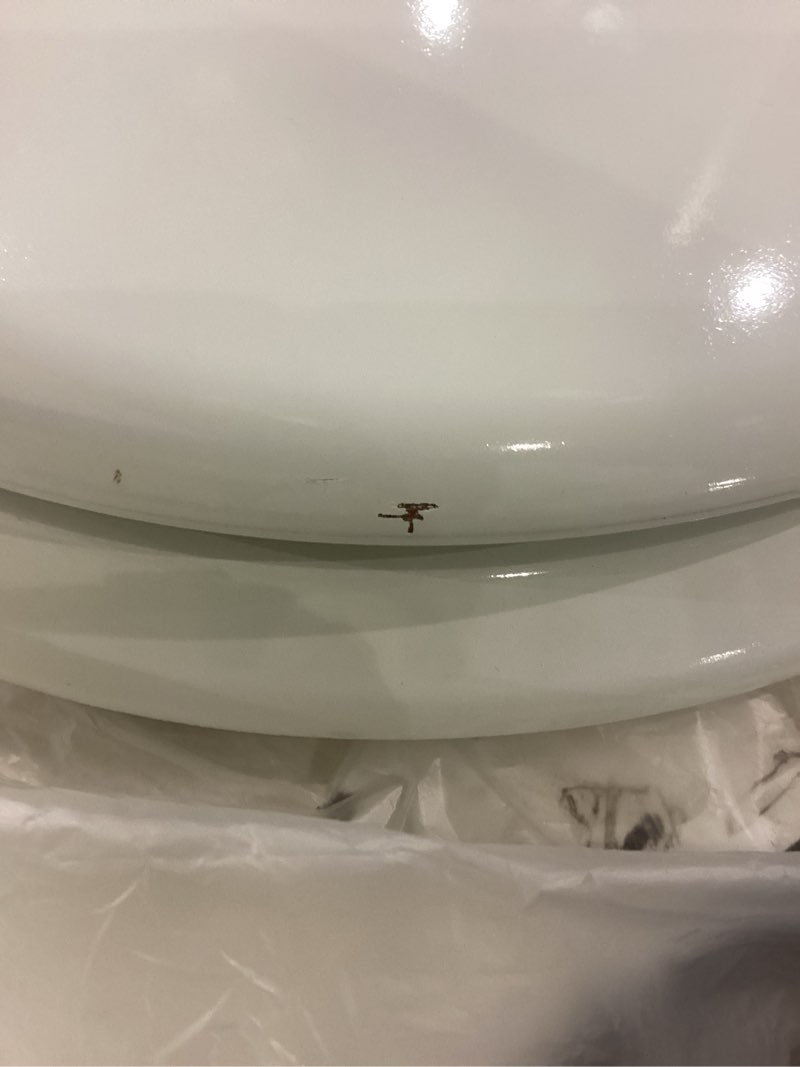 Condition photo showing As Is for Mayfair Cassel Slow Close Toilet Seat, Easy Clean, Non Slip Premium Wood Seat, Easy Install, Made in USA, Elongated, White Elongated 1 - Toilet Seat