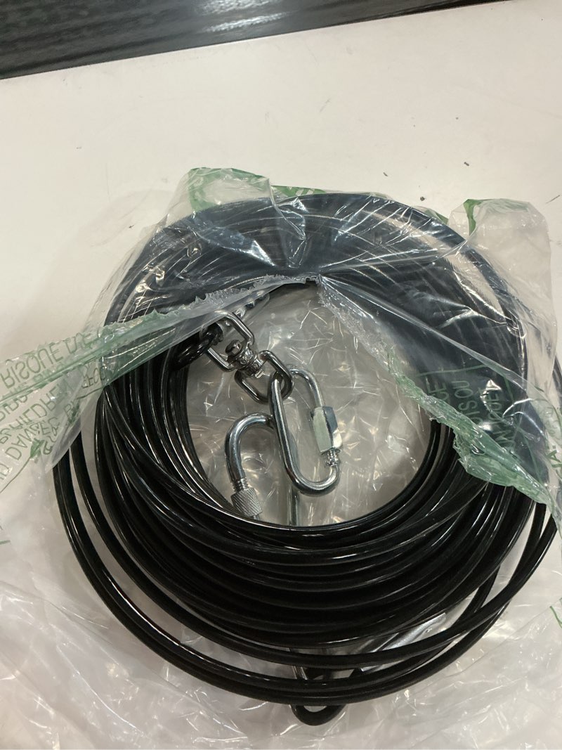 Condition photo showing As Is for 75ft dog tie out cable, dog leads for small to large pets up to 300 pounds, 5mm heavy duty 1000lbs break strength galvanized braided steel pet outdoor leash cable 75 ft black