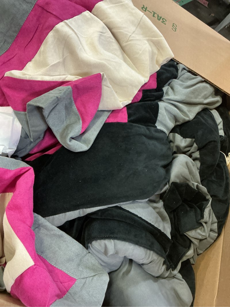 Condition photo showing As Is for masterplay 7 piece pink, grey color bedding (104inchx 92inch) comforter set micro suede bed in a bag patchwork bedding, king