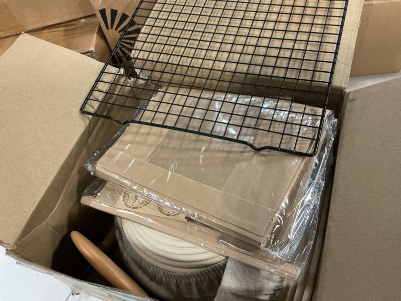 Condition photo showing Good Condition for astercook sourdough starter kit with round & oval banneton bread proofing basket, bread sling, starter jar, dough whisk, scrapers, stencils, complete sourdough bread baking supplies, mothers day gifts