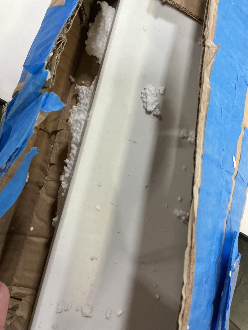 Condition photo showing As Is for 5" x 60" super white engineered marble threshold, rigid shower curb & vanity backsplash for tile transitions, window sill, fixed size easy to cut