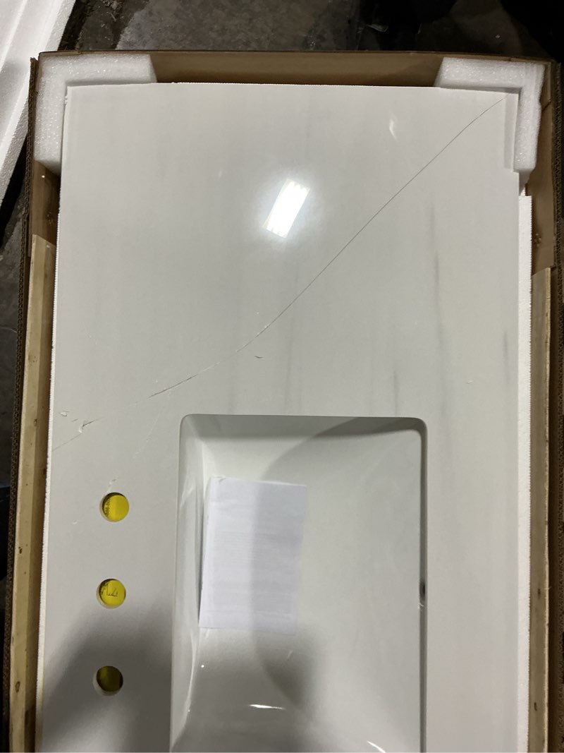 Condition photo showing As Is for allen + roth dolomiti bianco 49-in white sintered stone single sink bathroom vanity top