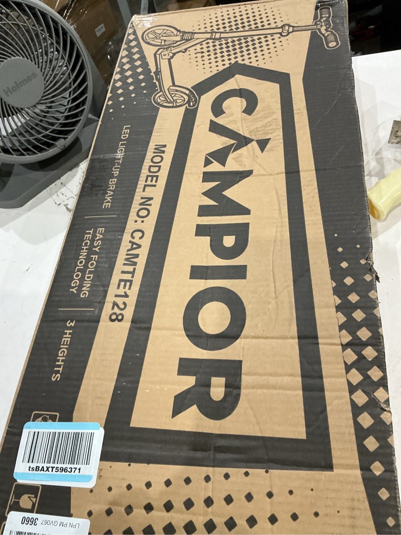 Condition photo showing New/Like New for campior kick scooter for ages 6+, for kids, teens, and adults, max load 240 lbs, foldable, 8-inch big wheels for kids and adults, with kickstand, 3 adjustable levels, child safety approved, purple