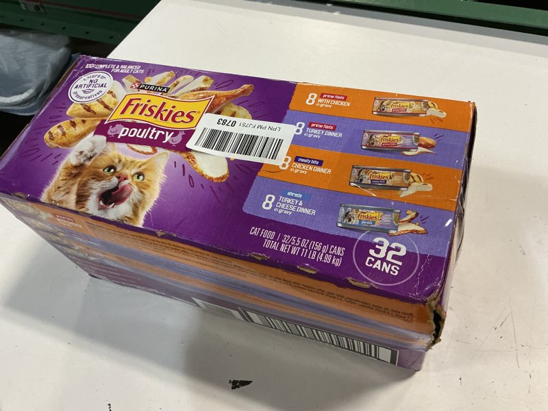 Condition photo showing New/Like New for (bbd:nov/2027 ) purina friskies gravy wet cat food variety pack, poultry shreds, meaty bits and prime filets - (pack of 32) 5.5 oz. cans