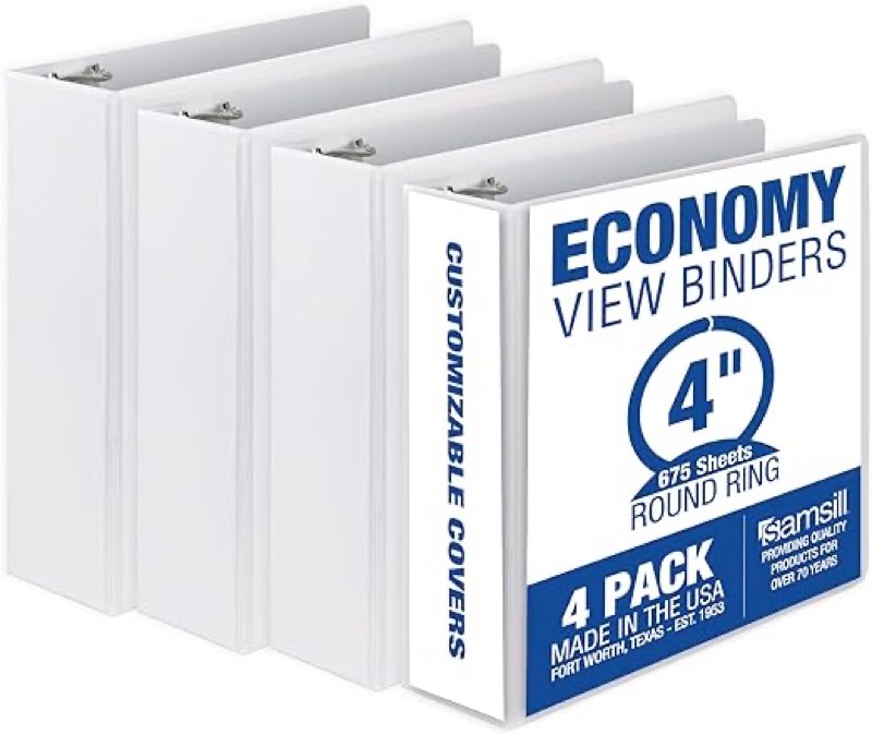 Samsill 3.0 Inch 3 Ring Binder, Made in USA, Economy Round Ring, Clear View Cover, 100 Sheet Capacity - for School, Home, Office - White, 4 Pack White 4-Pack 3.0-Inch