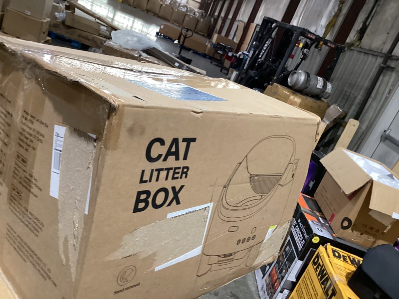 Condition photo showing As Is for automatic litter box self cleaning, feelneedy open-top smart cat litter box with app control, odor-free safety sensor design for 1-3 cats, includes waste bags