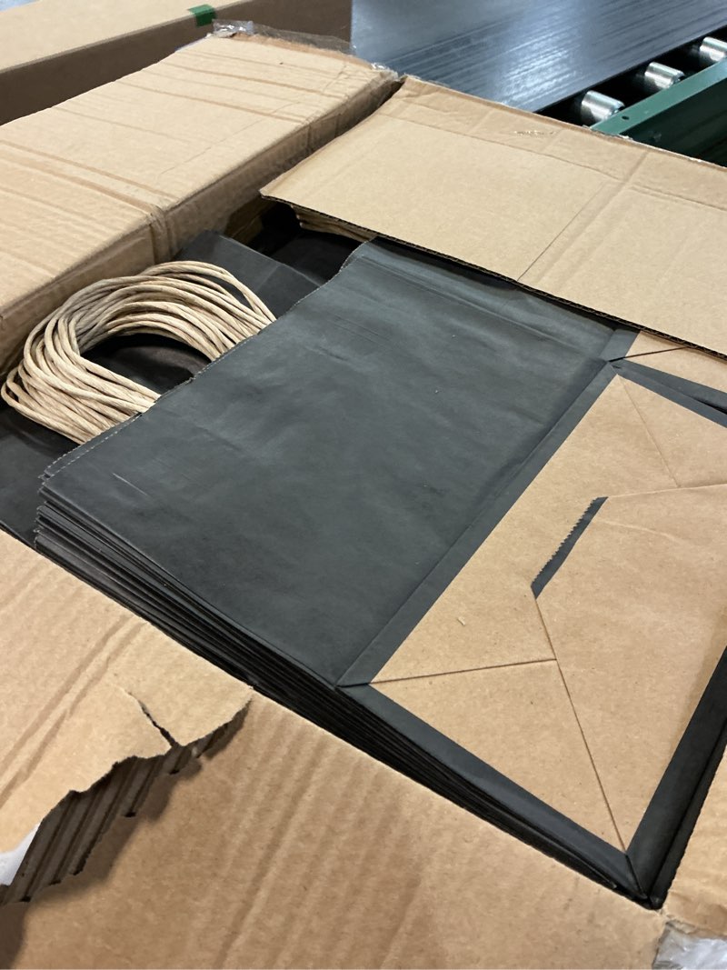 Condition photo showing Good Condition for Toovip 100 Pack 8x4.75x10 Inch Medium Black Kraft Paper Bags with Handles Bulk, Gift Wrap Bags for Favor Grocery Retail Party Birthday Shopping Business Goody Craft Merchandise Take Out Sacks