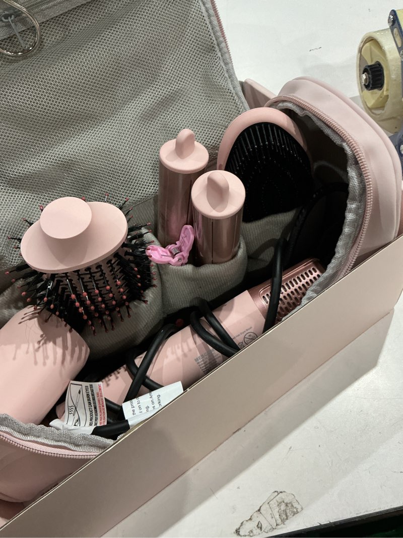 Condition photo showing As Is for 5 in 1 hot air styler wrap - high-speed hair dryer, volumizing brush with auto curlers, fast drying & frizz-free styling straightening, no heat damage, includes travel bag, gift for women pink