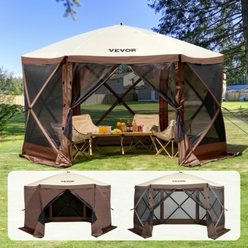 vevor pop up gazebo tent, pop-up screen tent 6 sided canopy sun shelter with 6 removable privacy wind cloths & mesh windows, 12.5x12.5ft quick set screen tent with mosquito netting, brown