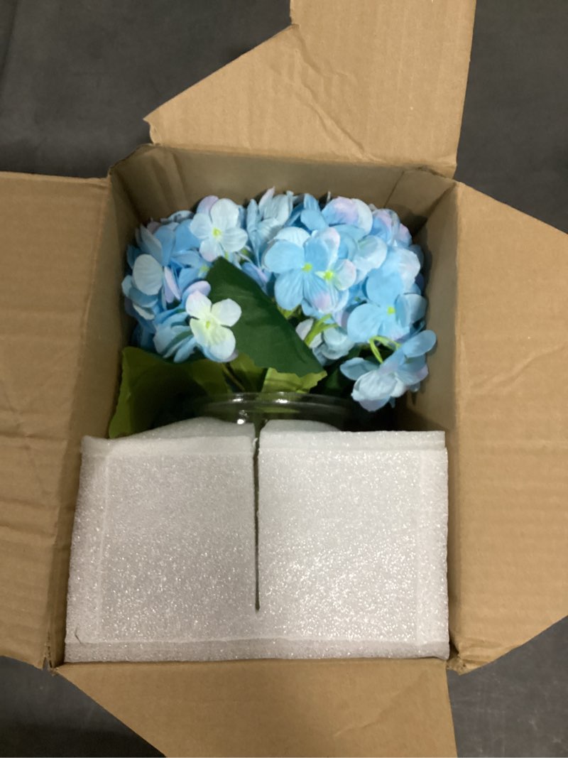 Condition photo showing Good Condition for hollyone hydrangea artificial flowers with vase blue silk fake flowers arrangements in glass vase with faux water faux floral bulk bouquet for home decor bathroom table centerpiece shelf decorations hydrangea, blue