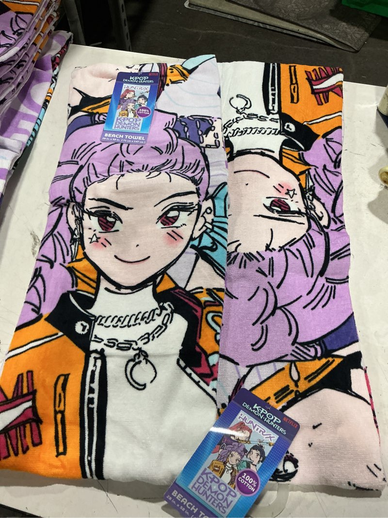 Condition photo showing Good Condition for kpop demon hunters trio of hunters kids beach towel  cotton  purple  netflix  28  x 58(set of 2 towels)