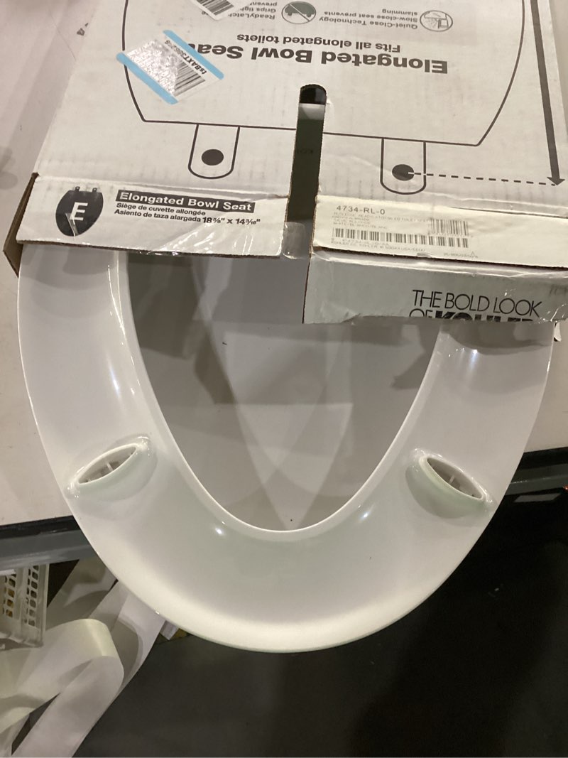 Condition photo showing As Is for kohler 4734-rl-0 rutledge readylatch elongated toilet seat, quiet-close lid, contoured seat, grip-tight bumpers and installation hardware, white