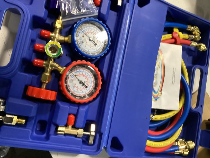 Condition photo showing Good Condition for orion motor tech ac gauges, ac manifold gauge set for r134a r12 r502 refrigerant, 3 way car with 5ft hoses couplers & adapter, puncturing & self sealing can tap freon charge kit