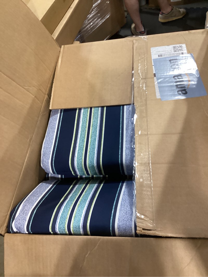 Condition photo showing Good Condition for arden outdoor adirondack or rocking chair cushion, 20 x 17, rain-proof, fade resistant 17 x 20, sapphire aurora blue stripe sapphire aurora blue stripe standard adirondack