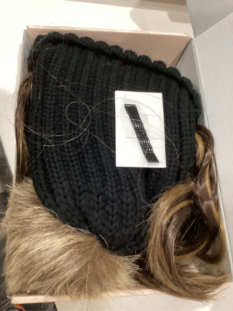 Condition photo showing Good Condition for REECHO Warm Knitted Beanie Wig With 12" Beach Wavy Hair Extension - Synthetic Hairpiece for Women - Black Hat, Deep Brown With Highlights 12 Inch (Pack of 1) Black Beanie, Deep Brown with Highlights Hair